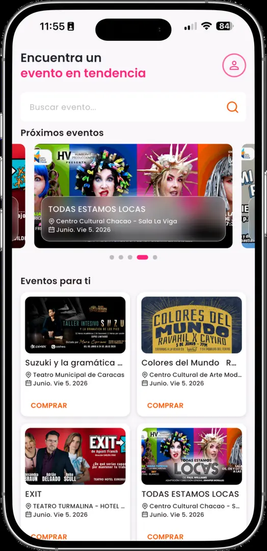 App móvil de Liveri con eventos en tendencia