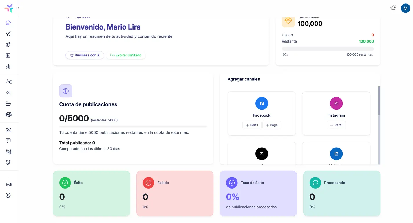 Dashboard de Socialgoin, SaaS de automatización de redes sociales